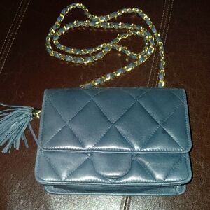 Quilted Blue Chain-Handle Crossbody Bag by